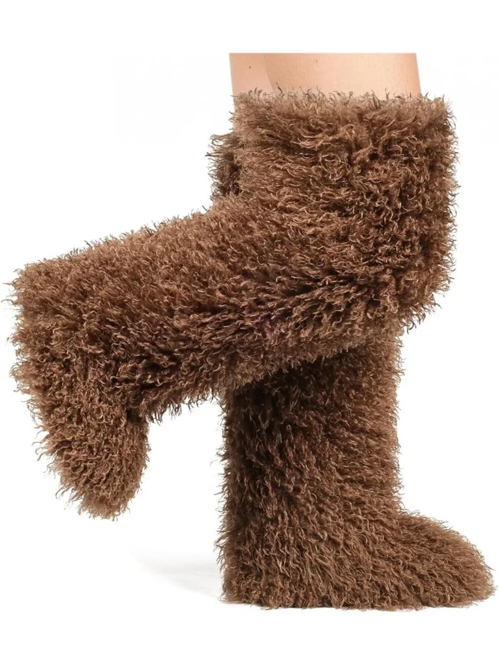 Women's Brown Shaggy Faux Furry Fuzzy Fluffy Flat Knee-High Slouchy Snow Boot